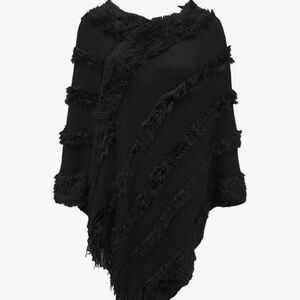 Black Knit Poncho with Fringe Detail. One size.